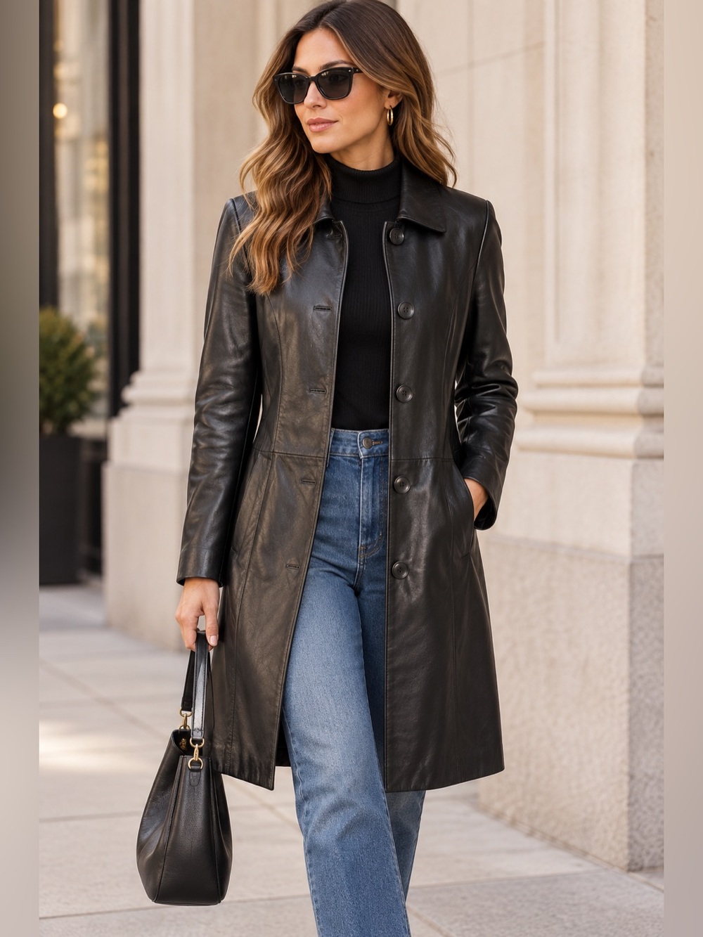 Kenneth Cole Reaction Black Genuine Leather Long Coat Jacket Size M